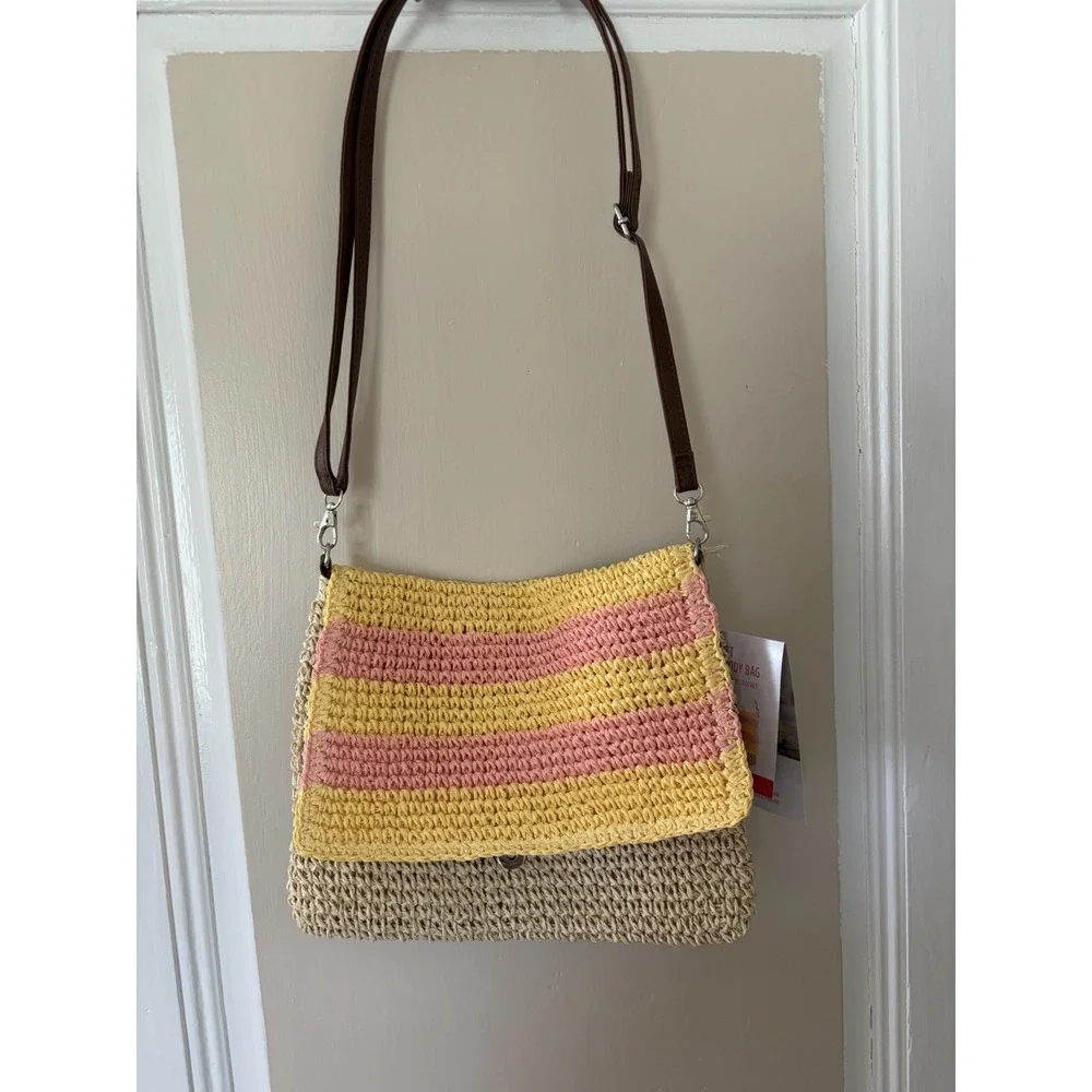 Striped Crossbody Bag Yellow Pink Beige Magnetic, Detachable Strap Pockets